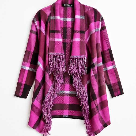 Notations Pink Plaid Fringe Cardigan – Cozy Open Front Sweater Jacket L - Picture 1 of 6